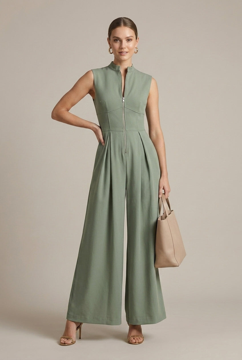 Women's Sleeveless Deep V-Neck Front Zip Wide Leg Jumpsuit