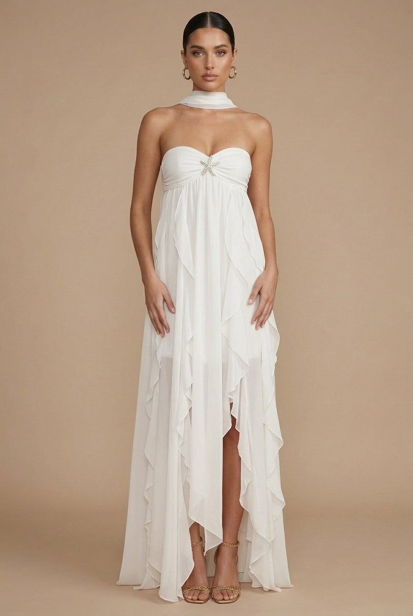 Women's Halter Neck Maxi Dress with Ruffle Skirt - Wedding Guest