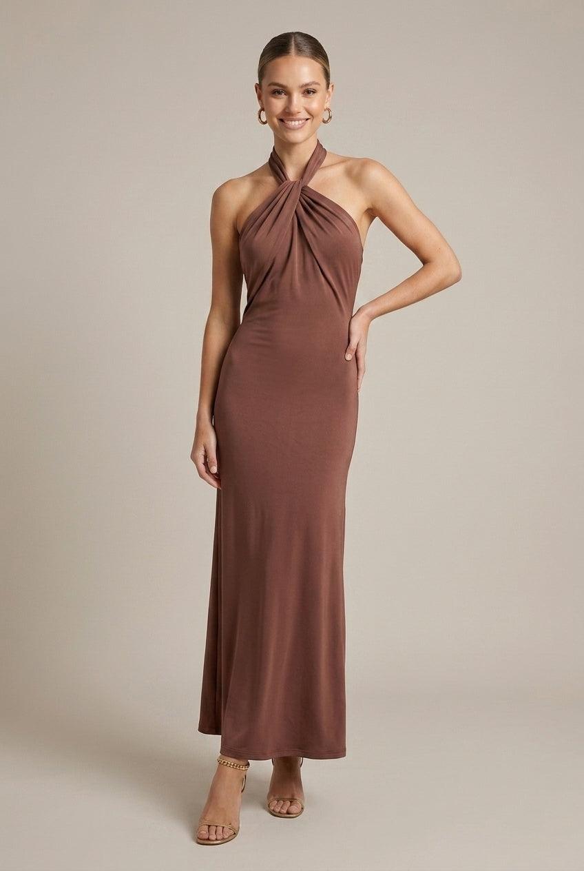 Women's Halter Neck Maxi Dress - Twisted Knot Neckline - Open Back - Formal