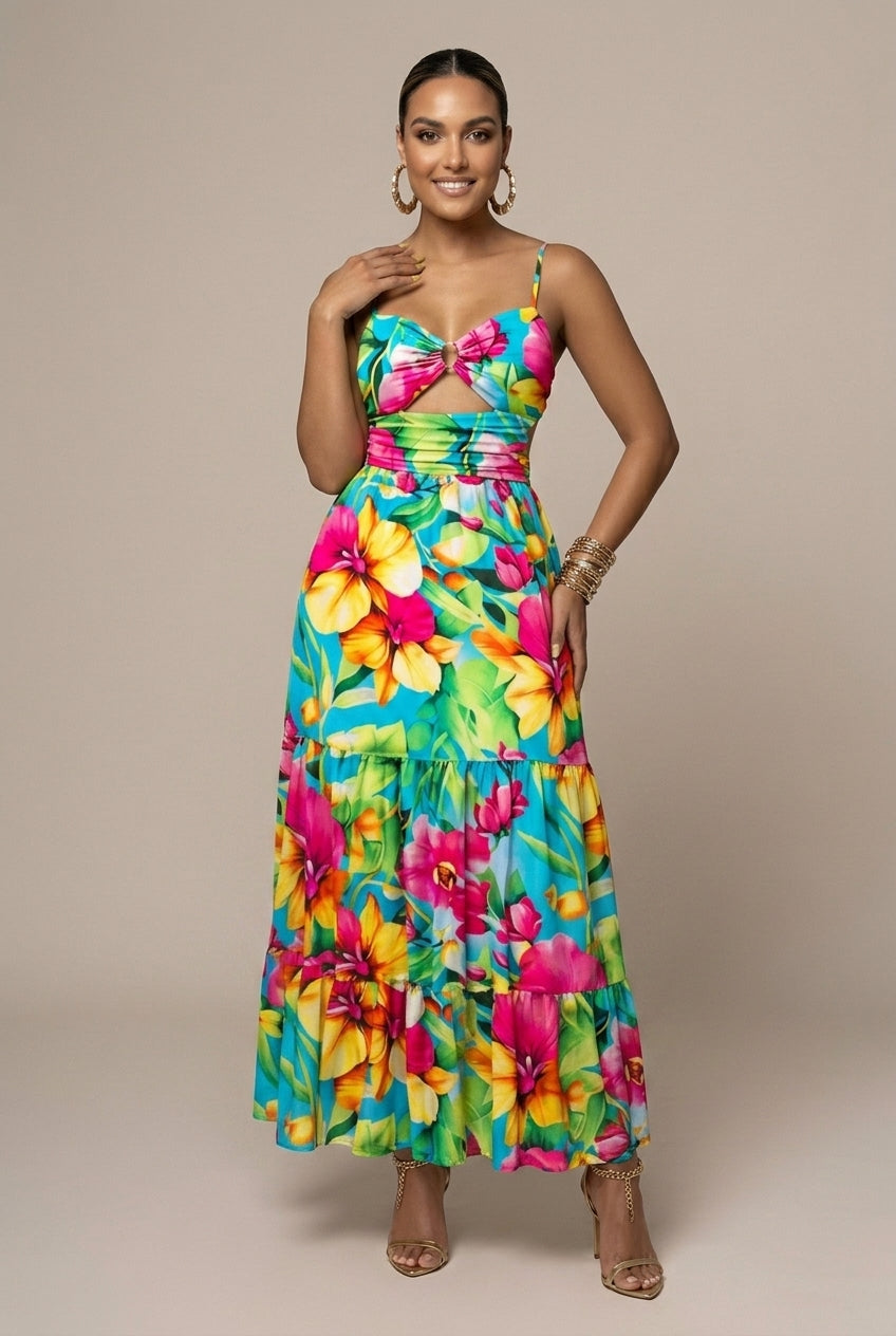 Women's Printed Cut-Out Slip Maxi Dress - Spaghetti Strap