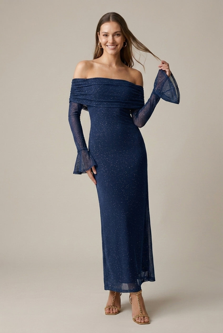 Women's Glitter Mesh Off Shoulder Maxi Dress - Long Sleeve Bodycon with Folded Bardot Neckline