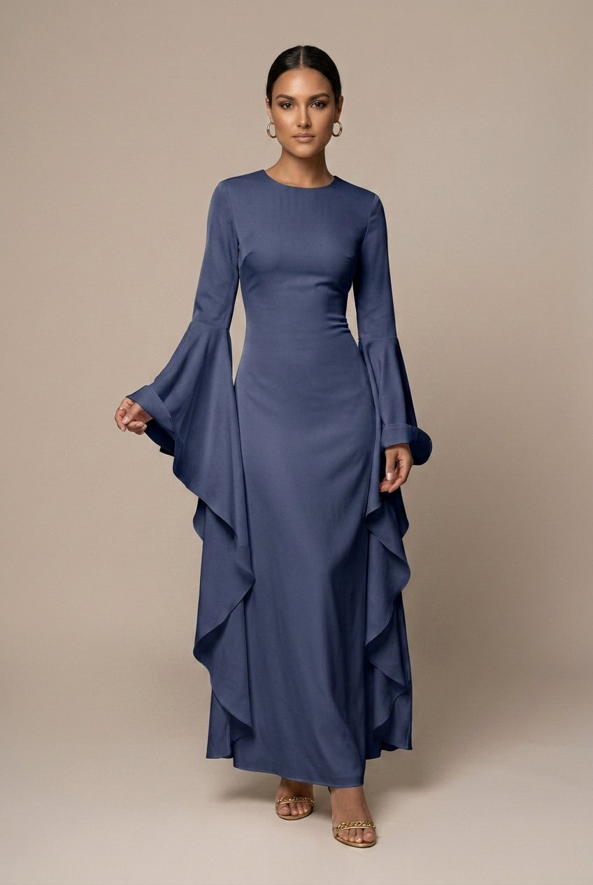 Maxi Dress Women - Round Neck Dramatic Flared Sleeves - Elegant
