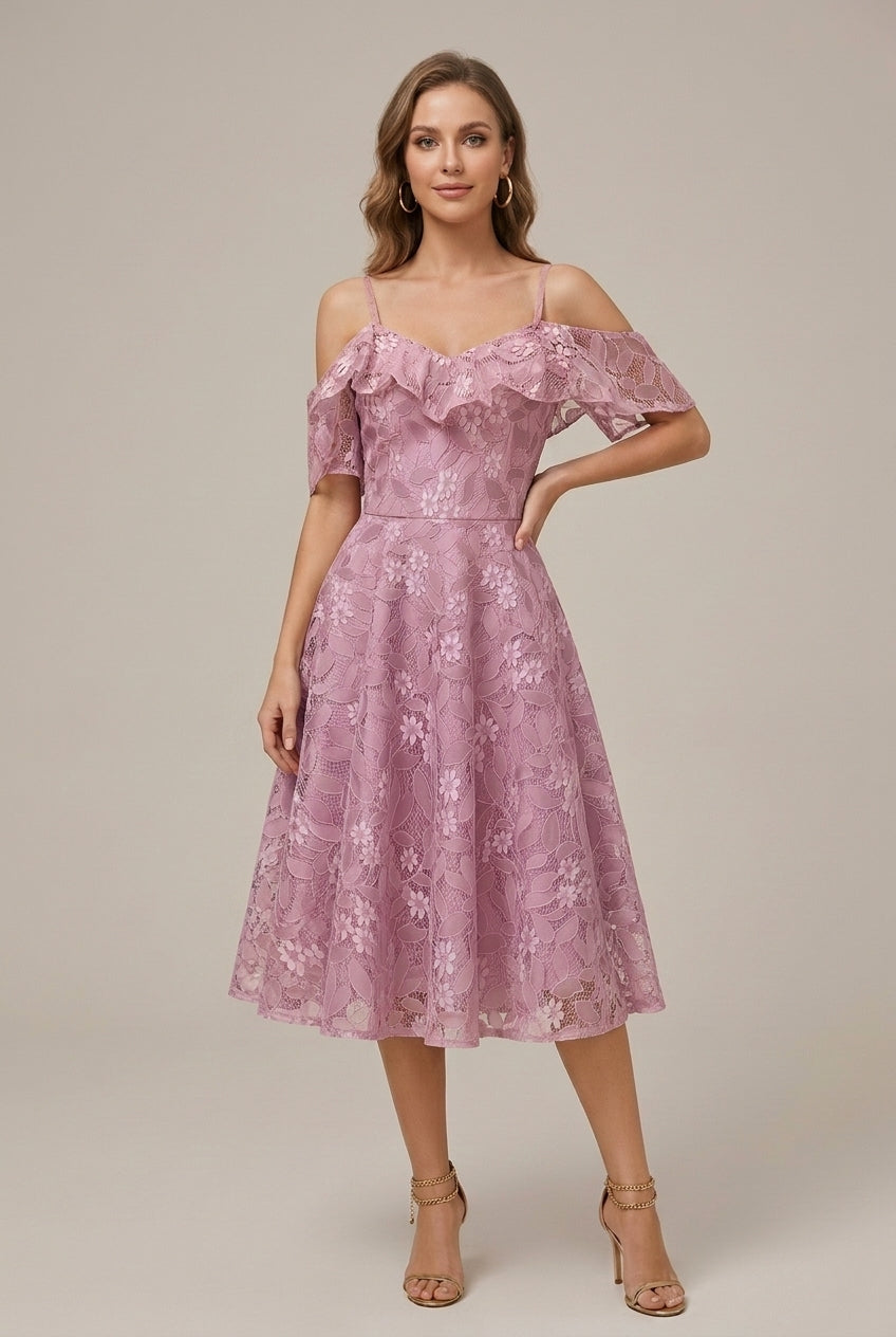 Women's Embroidered Lace Camisole Spaghetti Strap Dress - V - Neck