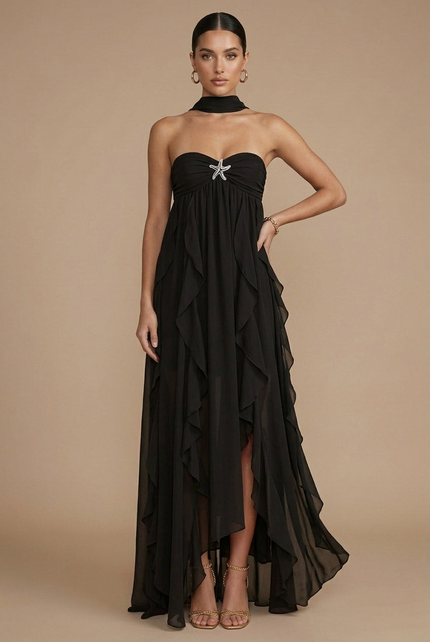 Women's Halter Neck Maxi Dress with Ruffle Skirt - Wedding Guest