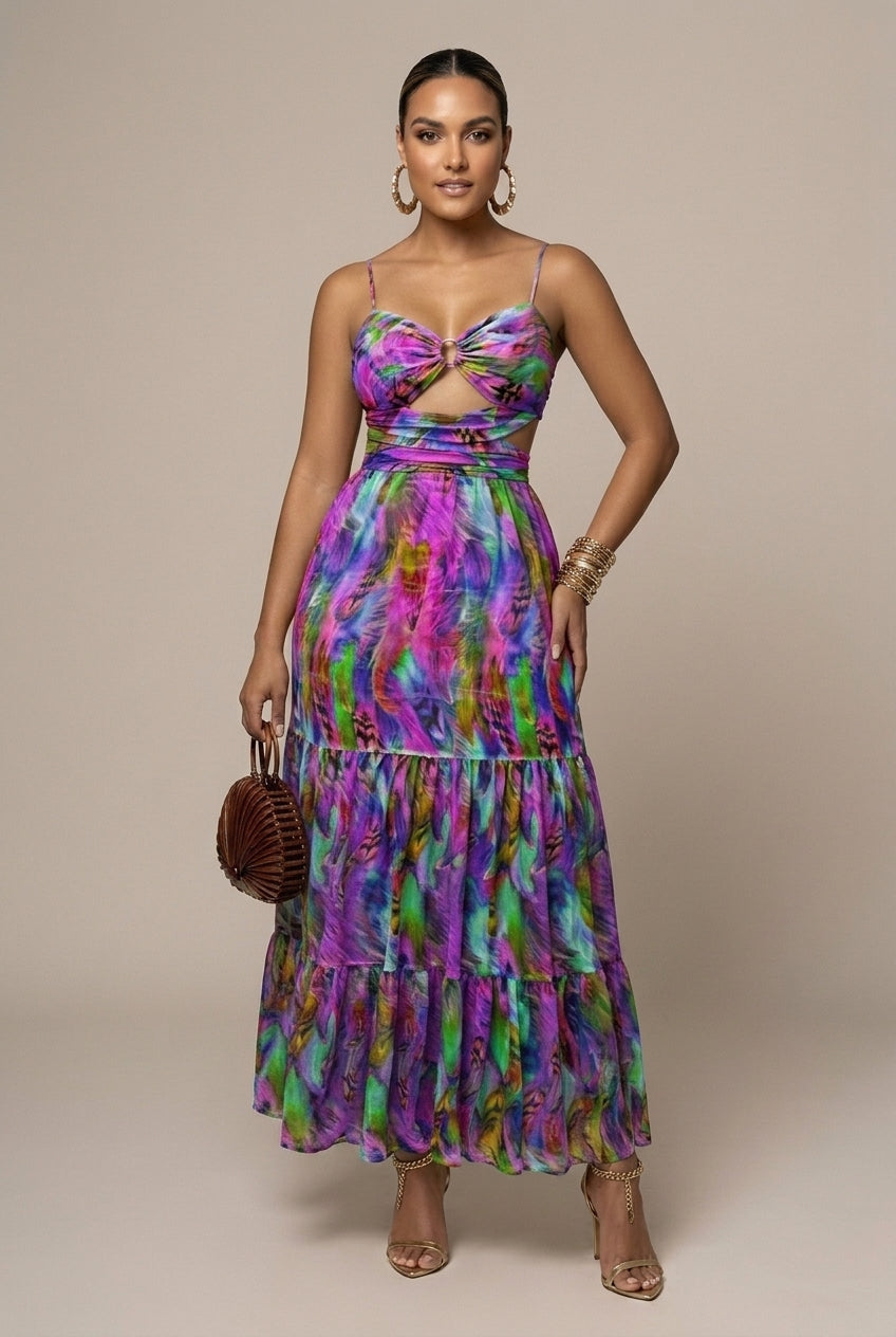 Women's Printed Cut-Out Slip Maxi Dress - Spaghetti Strap