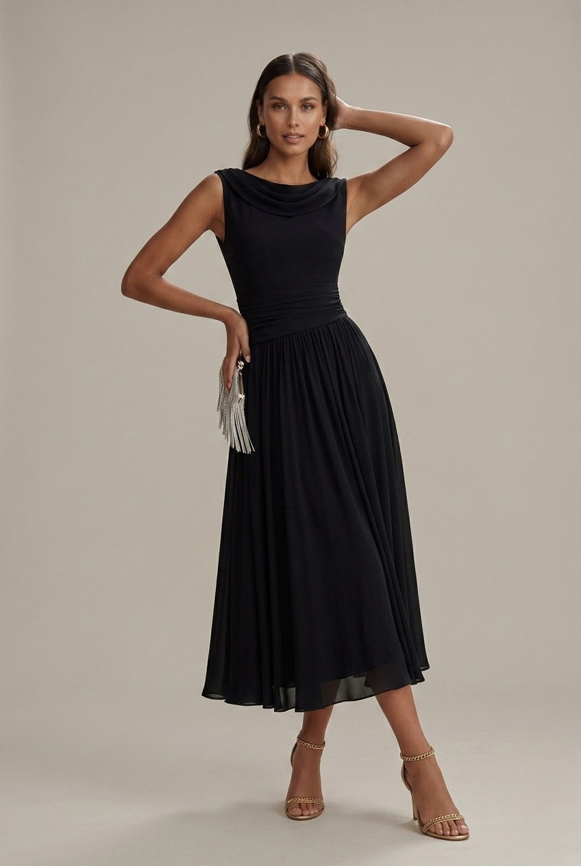 Women's Sleeveless Draped Neckline Pleated Midi Dress