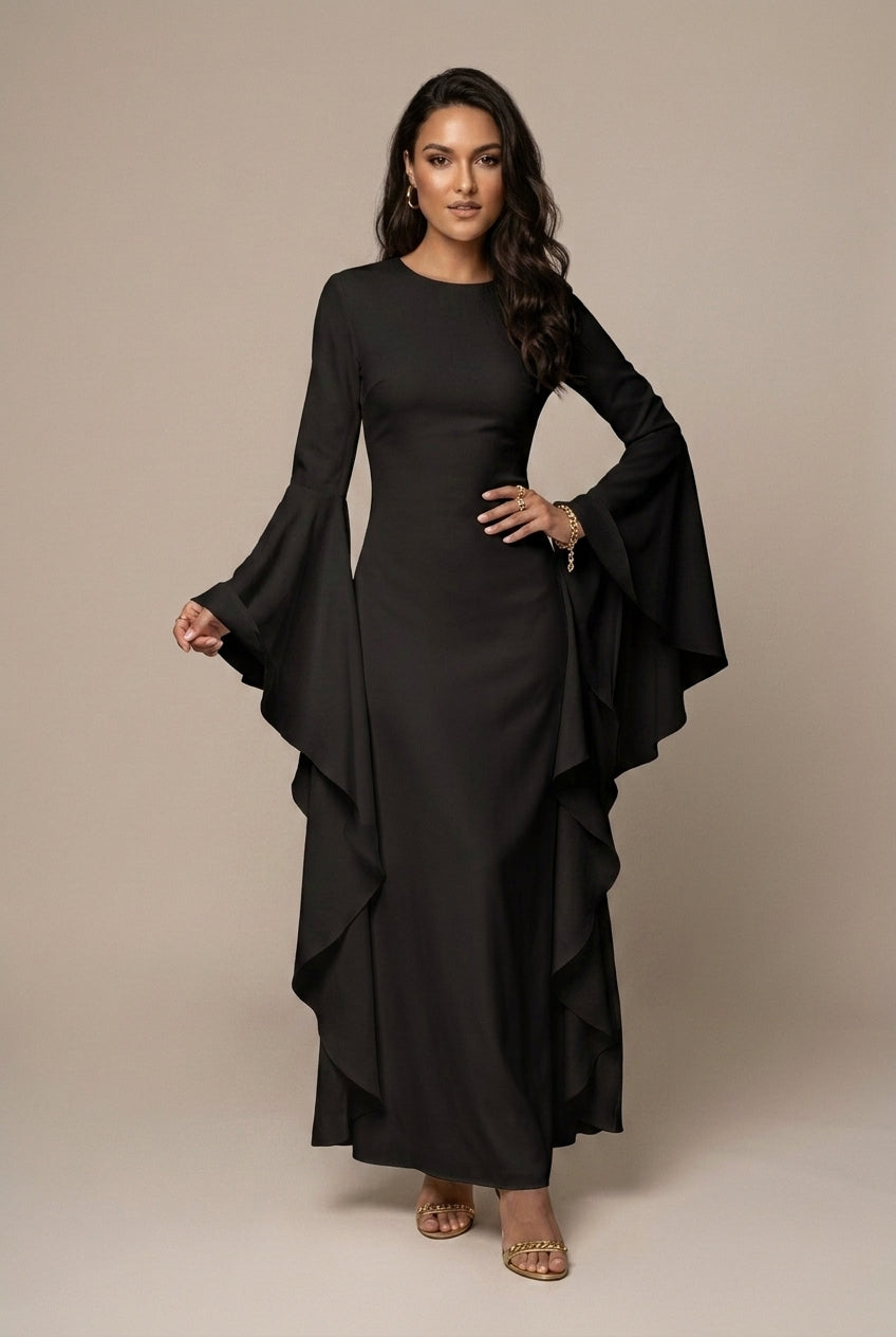Maxi Dress Women - Round Neck Dramatic Flared Sleeves - Elegant