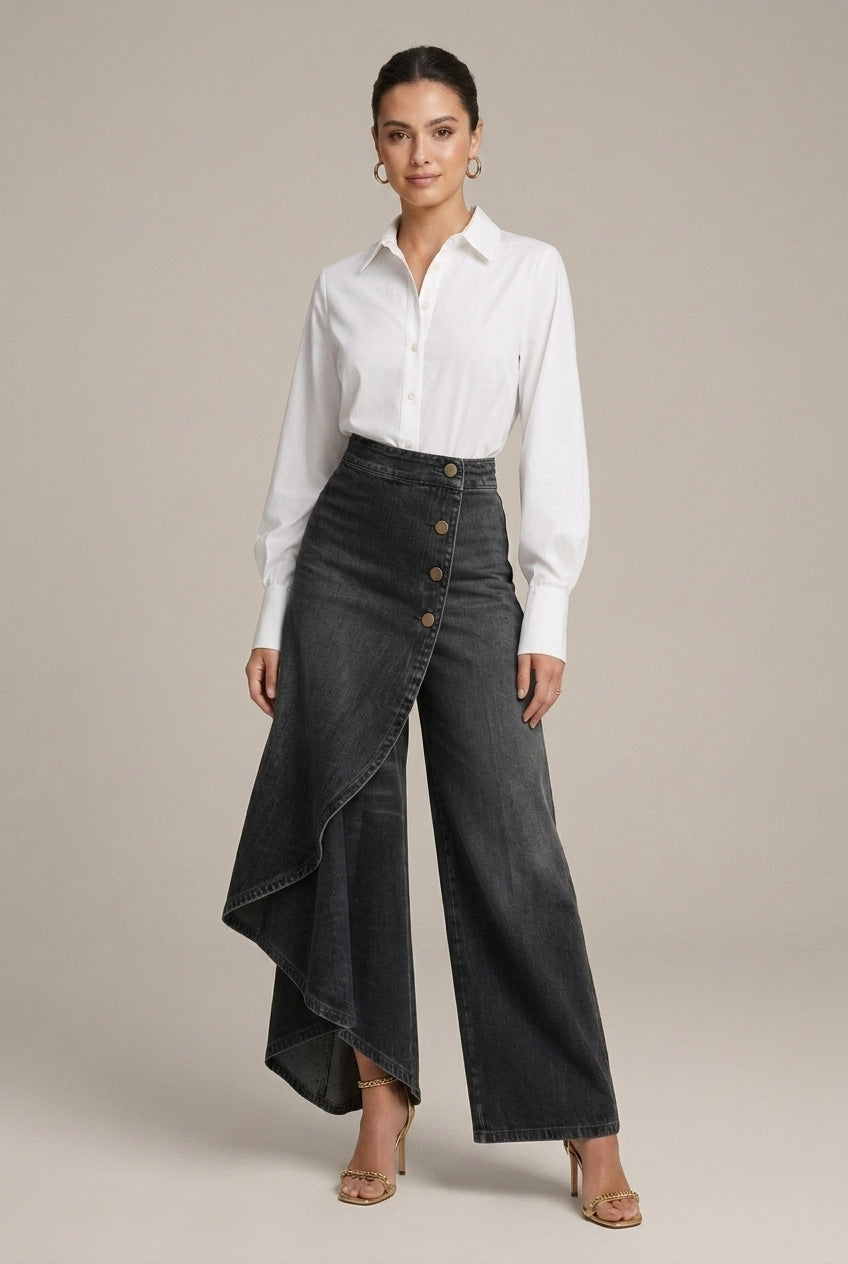 Women's High-Waist Wide Leg Denim Pants with Asymmetric Skirt Overlay