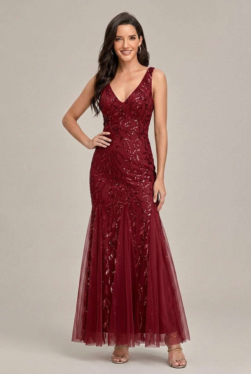 Women's Embroidered Mermaid Formal Maxi Dress - Long Sleeve Mesh