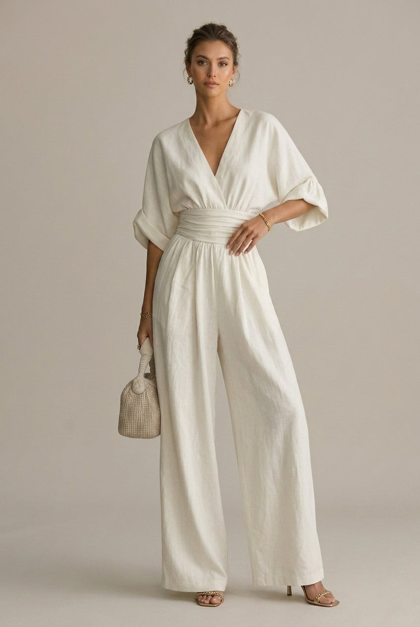 Women's V-Neck Waist Defining Long Sleeve Jumpsuit