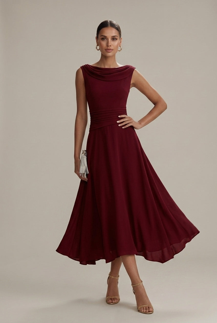 Women's Sleeveless Draped Neckline Pleated Midi Dress