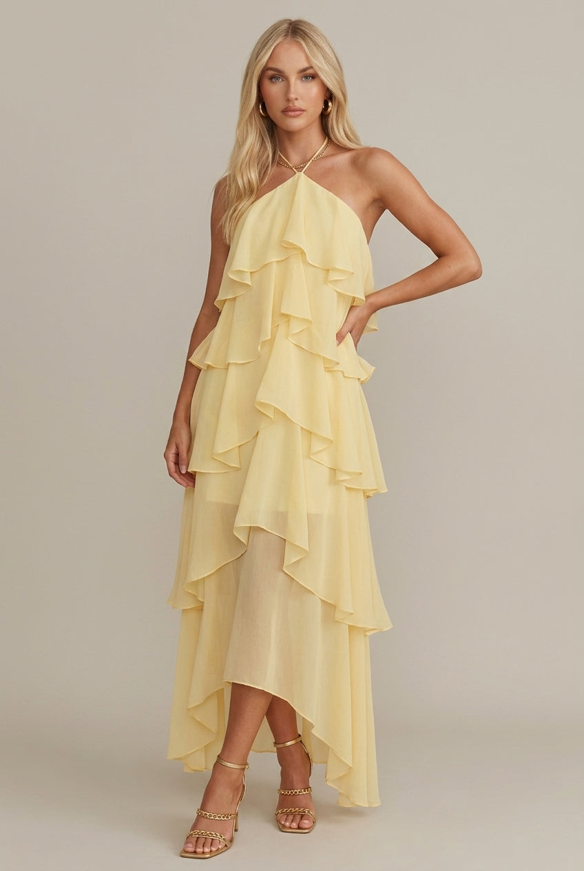 Women's Floral Halter Ruffled Tiered Maxi Dress