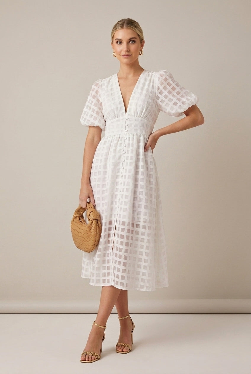 Women's Checkered Puff Sleeve V-Neck Midi Dress
