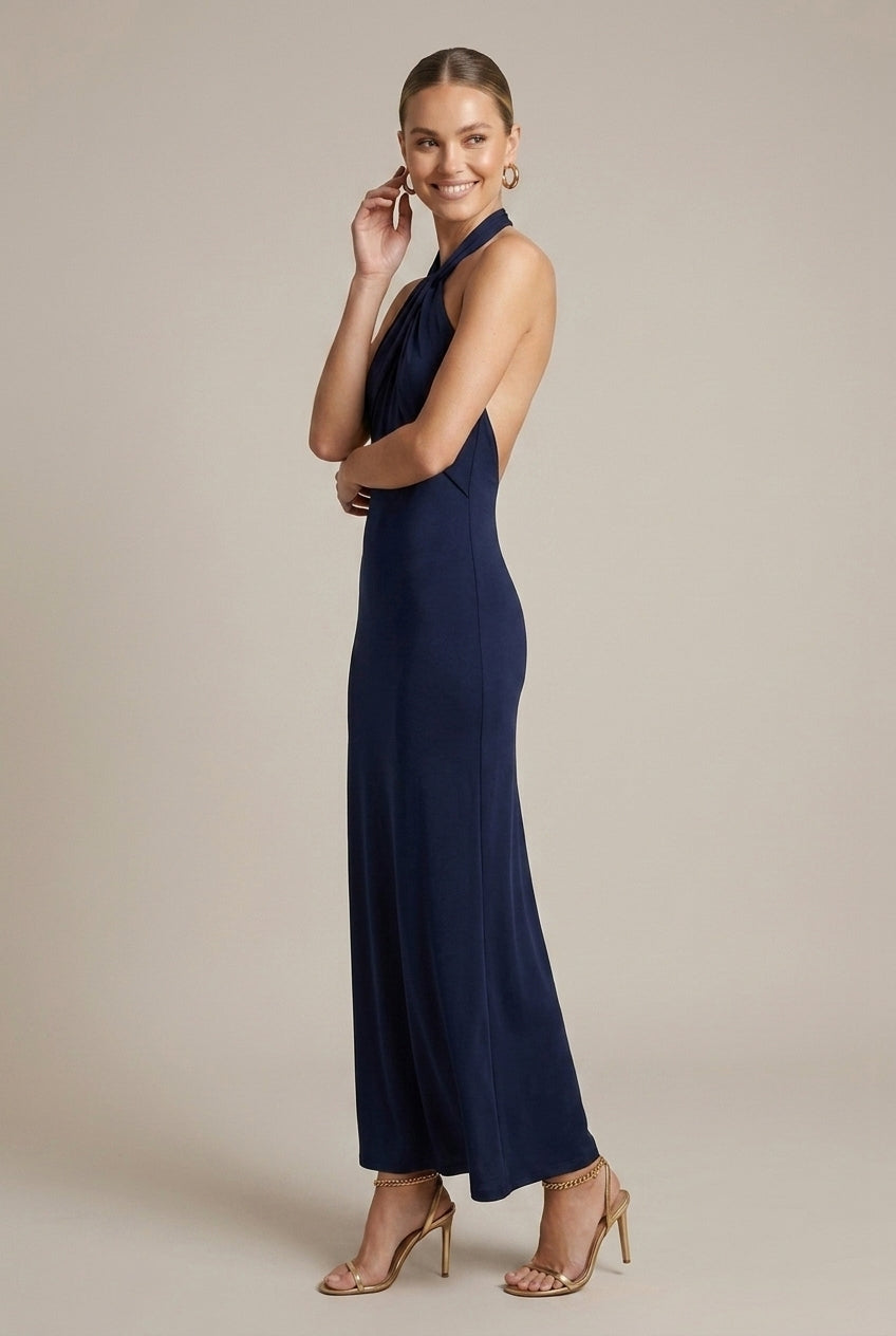 Women's Halter Neck Maxi Dress - Twisted Knot Neckline - Open Back - Formal