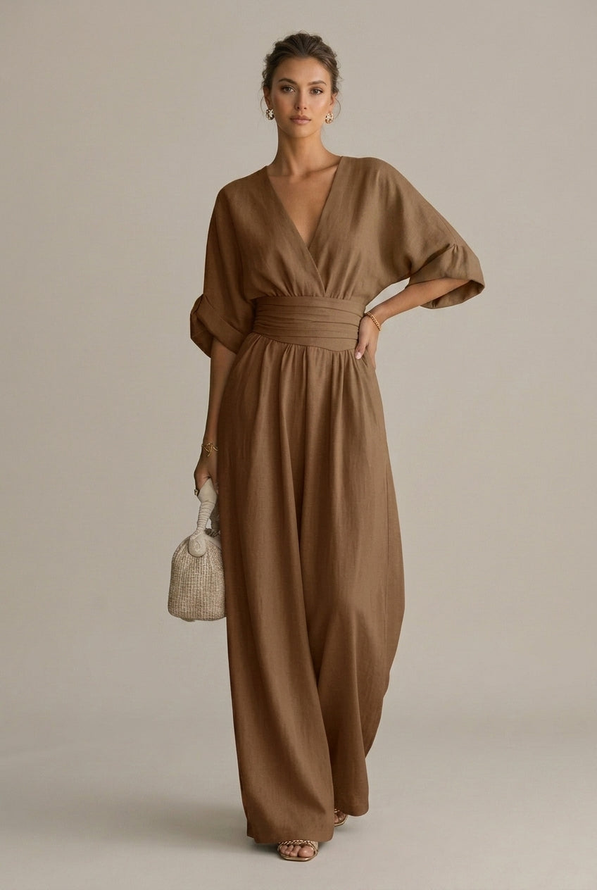 Women's V-Neck Waist Defining Long Sleeve Jumpsuit