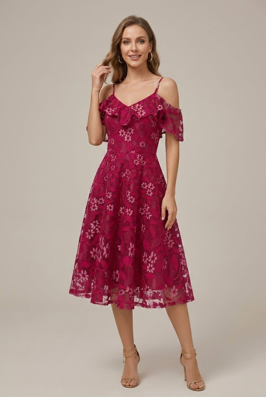 Women's Embroidered Lace Camisole Spaghetti Strap Dress - V - Neck