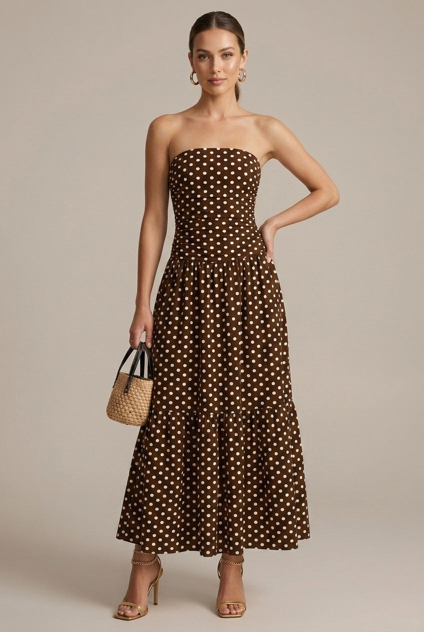 Women's Strapless Polka Dot Ruched Flowy Maxi Dress