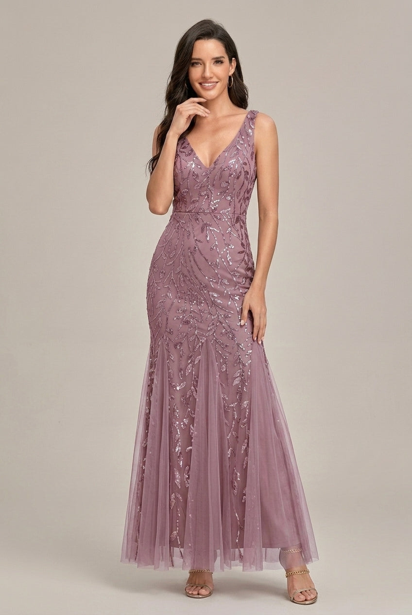 Women's Embroidered Mermaid Formal Maxi Dress - Long Sleeve Mesh