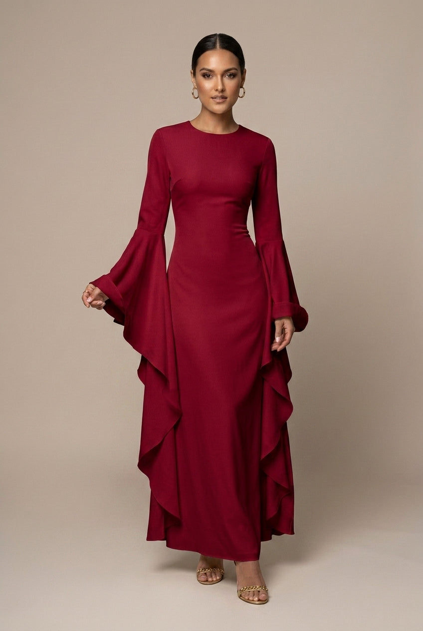 Maxi Dress Women - Round Neck Dramatic Flared Sleeves - Elegant